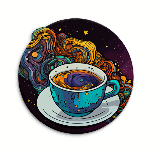 the universe in a cup of coffee, vibrant colors, illustration, vector, die cast sticker, white background