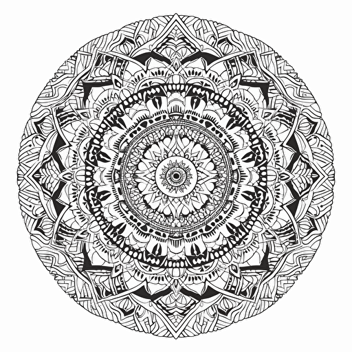 black and white line-art, colouring book, mandala of geometric patterns, vector-art, intricate detail