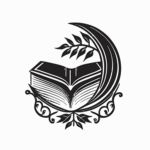 A logo for a bookstore with books and crescent moon and leaf, extreme simplify design line sketch, symbol , vector style, on a plain white background