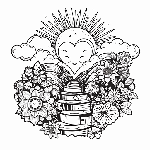 a heart vector in black outline, combined with the phrase "step into the sun", the heart combined with a sun, all in cartoon, minimalistic illustration, in black and white vector, sticker
