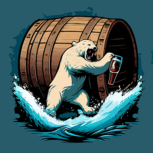 a 2 color flat deisgn fearsome epic depiction of an aggressive polar bear barreling behind a wooden barrel aggressively baring its teeth and ready for battle gripping the barrel tightly with its paws. Easy to vectorize.