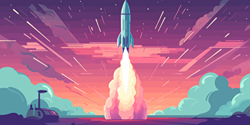 a vector illustration of a rocket blasting off. palette is mainly purple with light blue and a little green