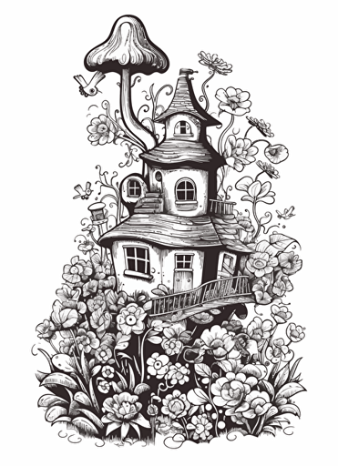 simple vector drawing outline of a whimsical garden