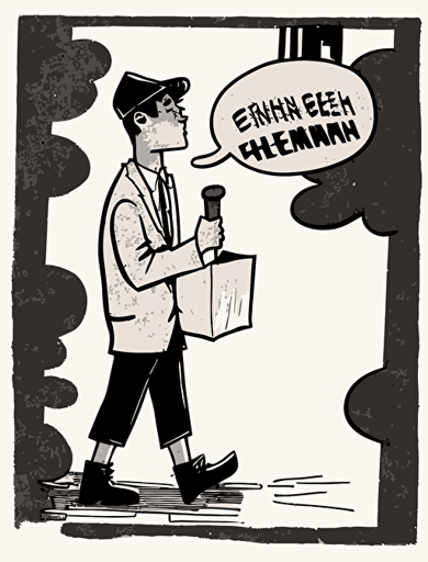 Ben Shahn, American comic book's inner paper style. There are an Asian young climate activist, a delivery rider, a female human rights activist, and a worker, and they imagine a "hammer" together on a big stage, hammer illust in a thought cloud, non-letter illustration. white background, vector drawing.