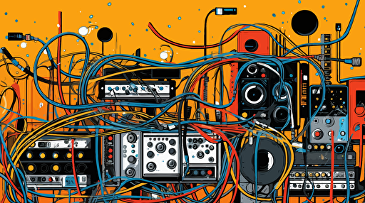 vector art image of messy audio cables connecting to different gear.