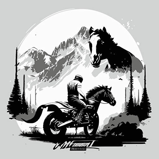 NineT scrambler motorcycle and new Ford mustang in front of the mountains, logo, vector, black and white