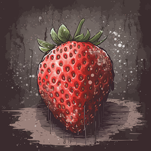 painted delicious strawberry, simple form background, leave a lot of negative space, rough, textured, grainy surface, dusty, vector, desaturated colour drips, graffiti, artificial, highres