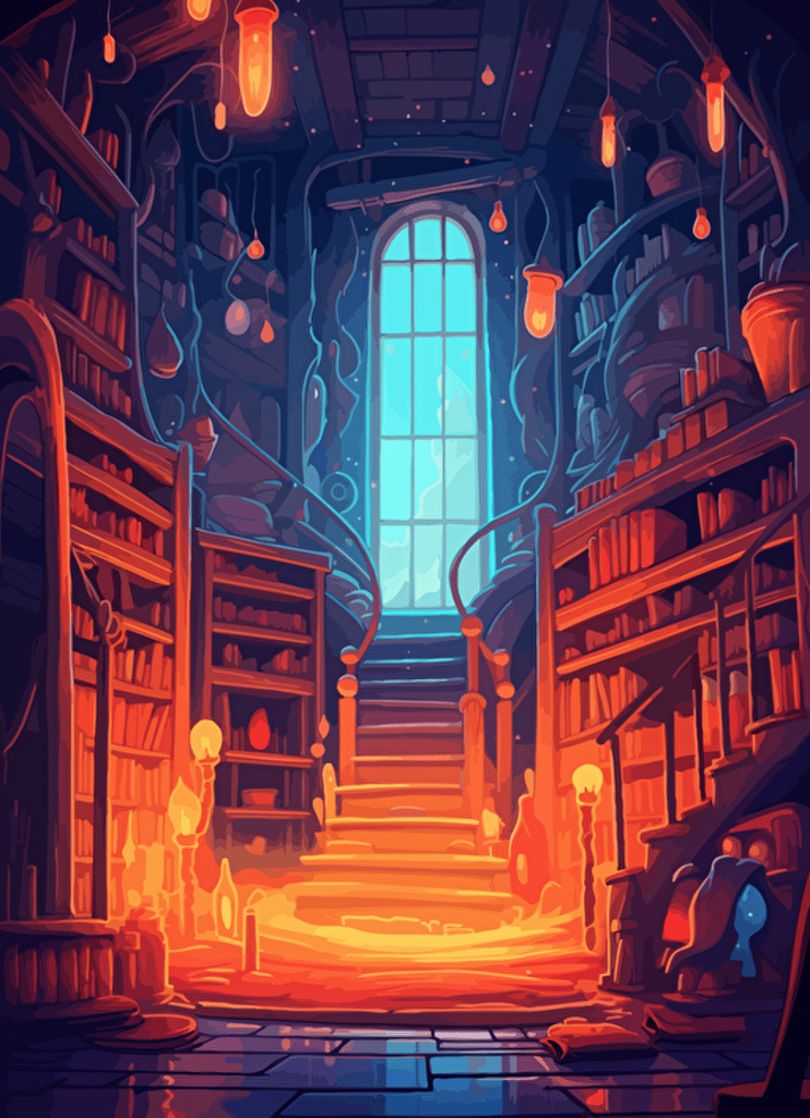 2d illustration, simple vector magical library page