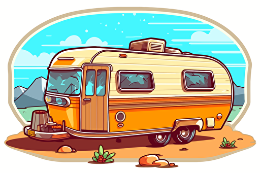 2d illustration, desert 1970's trailer simple vector colorful sticker