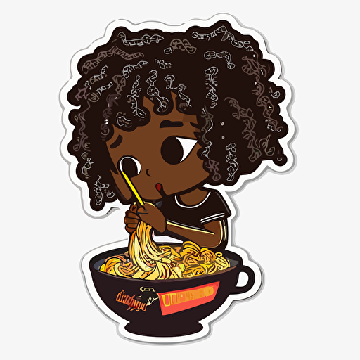 cute young black girl eating ramen sticker art, vector, cut sticker