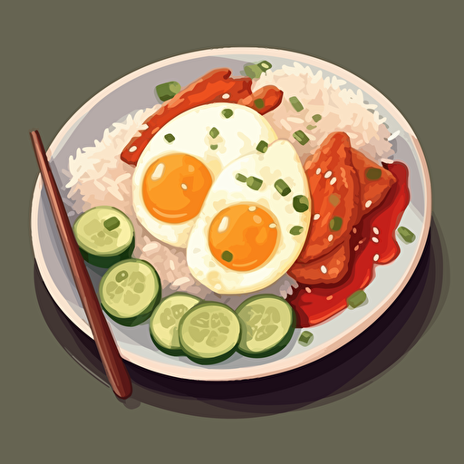 Rice with red pork, boiled eggs in 2 halves and cucumbers on the side of the plate. The red sauce shop looks appetizing. The image is in vector style.