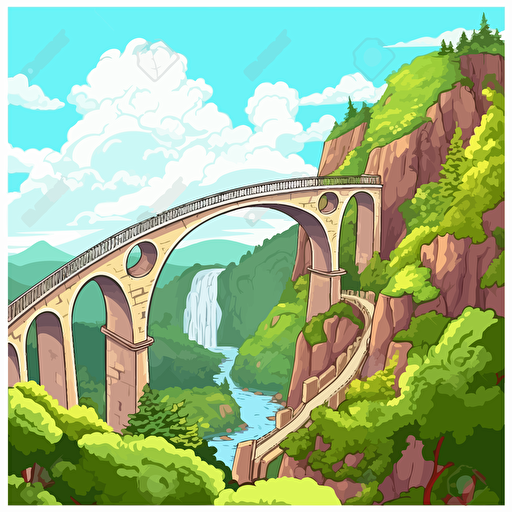 draw cartoon vector style on white background a bridge with high arches over a deep valley without scenery from top right side perspective