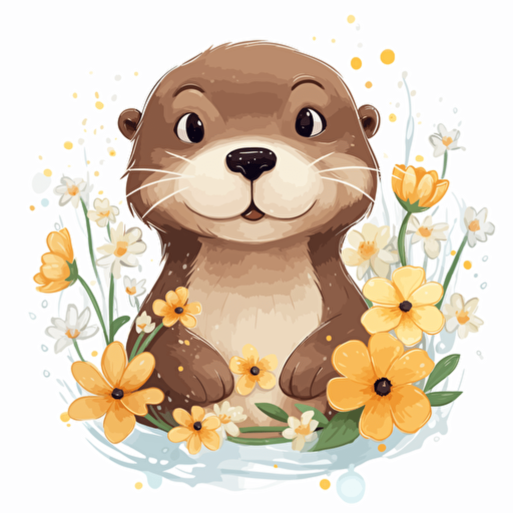 cute otter, flowers, detailed, cartoon style, 2d watercolor clipart vector, creative and imaginative, hd, white background