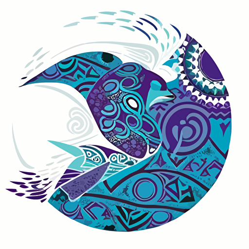 a white petrel covered in beautiful detailed aboriginal and Māori designs, in teal, purple and blues on a white background in a half circle. Vector style.