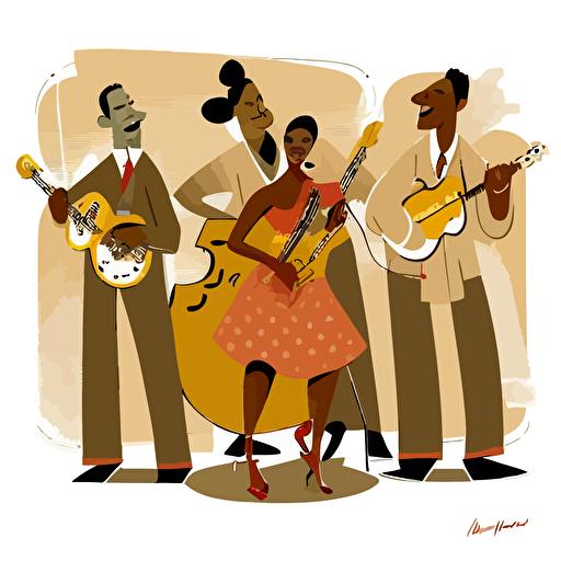 an illustration of a band of African-American musicians playing on a white background. vector drawing, in the style of Spanish illustrator Virginia Lorente