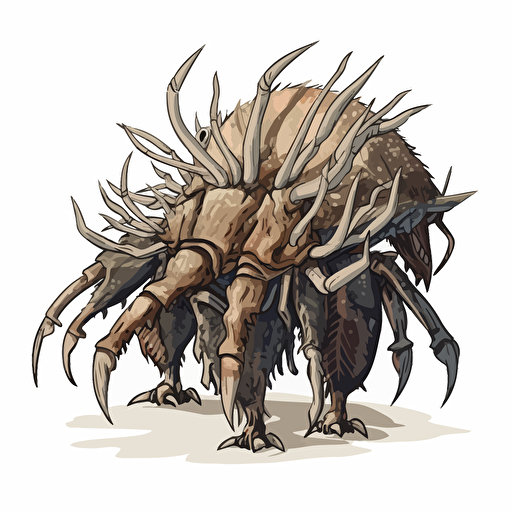 a giant insectoid-like behemoth with fur that is alive, writhing and moving independently from its body as if it were a colony of small creatures. White background vector illustration style