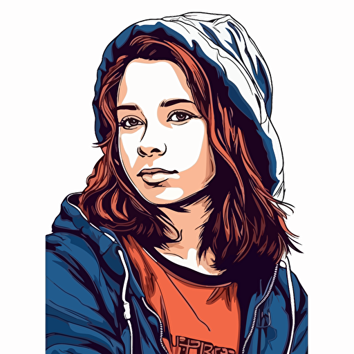 vector art style, 14 years young girl in style of Michael Park, white background