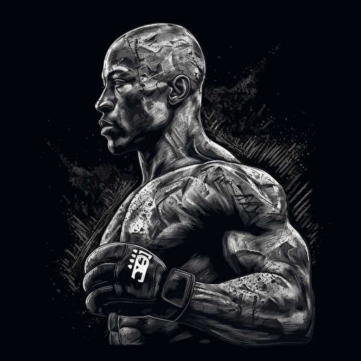 hyper detailed vector illustration of mma fighter shadowboxing, black white and grays, black background, poster quality