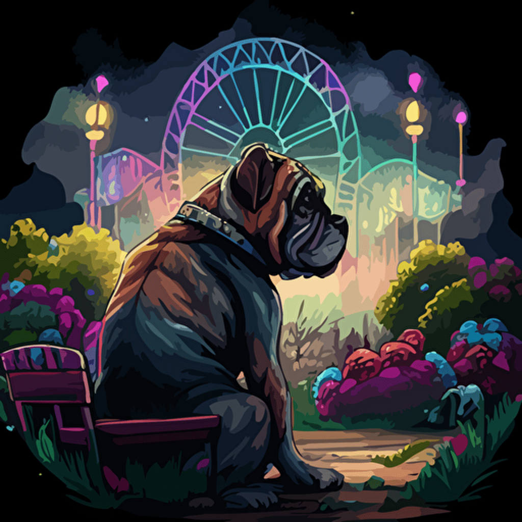 construct a detailed avatar of a boxer dog in street clothes sitting in a chair facing the foregorund, surrounded by magical glowing plants shrubs and roses, with a view of a abandoned city in the background, broken carnival rides in the distance. set from vacant woods in the foreground, trees, dead roses, clouds. Incorporate a gloomy and dreadful vibe to evoke a sense of eerieness and wonder. Use a digital painting style reminiscent of Thomas Kinkade and James Gurneya illustration, drawing, flat illustration, vector style
