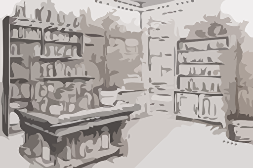 simple vector sketch of an old apothecary pharmacy with plants in pots