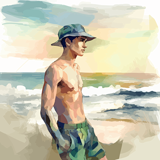 a muscular man 21 years old wearing shorts and a bucket hat, thougtful expression, approaching us along a lonely beach by the sea, summertime, vector:: oilpaints style, watercolors, colored inks style, style of bruce weber, makoto shinkai, robert mapplethorpe, leonid afremov, jojo's bizarre adventure