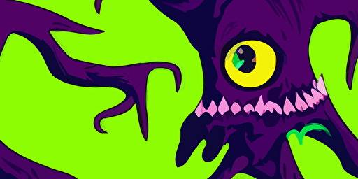 a cartoon vector style illustration of a scary monster with big teeth and lots of arms, goth punk style, neon green and purple, grainy texture