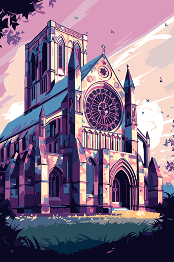 Flat vector art illustration featuring The Ripon Cathedral United Kingdom, Pastel blues, purples, and pinks, Wide Angle, no text