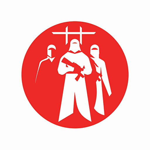2d vector icon. crusaders with kalahnikov assault rifles searching for glory. arsenal fc logo color theme. minimalistic. simple. circle shape. white background.