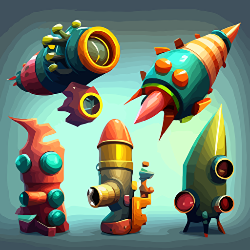 5 cartoony aquatic bazookas lined up, vector, theme is atlantic, coral, ocean, cartoony,bazooka, grenade launcher, 2D, concept art, Pet Simulator X