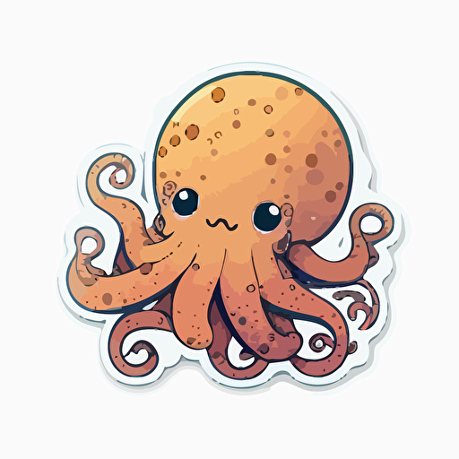 Octopus, Sticker, Adorable, Warm Colors, Kawaii, Contour, Vector, White Background, Detailed