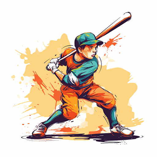Vector illustration of a little boy baseball player hitting a baseball in vivid colors