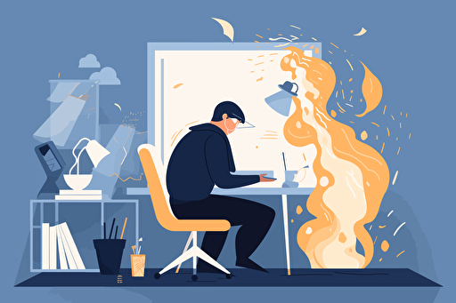 Person in an office burning money, flat style illustration for business ideas, flat design vector, industrial, light and magical, high resolution, entrepreneur, colored cartoon style, light indigo and dark indigo, cad( computer aided design) , white background