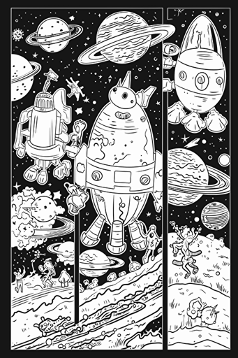 colouring book for kids, set of different animals separated by a space, cartoon style, vector, few details, no shadow, black and white