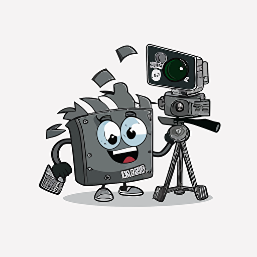 a vector logo of a funny cartoon film slate with legs, holding a cinema camera, logo design, clean, cartoon, highly detailed on a white background