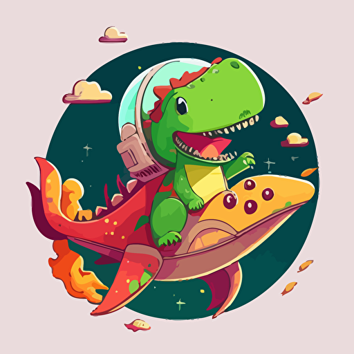 dinosaur flying in a spaceship, cute happy smiling adorable, vector illustration style