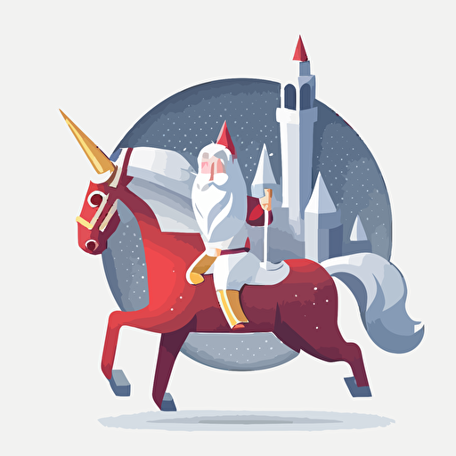 santa riding a unicorn in bad part of city, vector logo, vector art, emblem, simple cartoon, 2d, no text, white background
