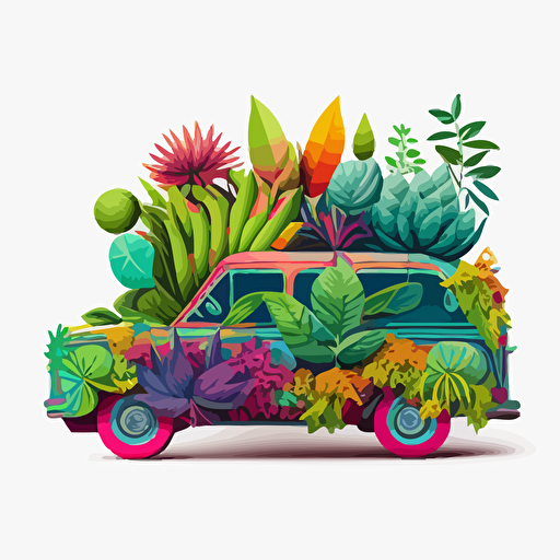 a picture of the side of a car which is stuffed with colorful houseplants which are coming out of top and sides, vector drawing, highly detailed on a white background