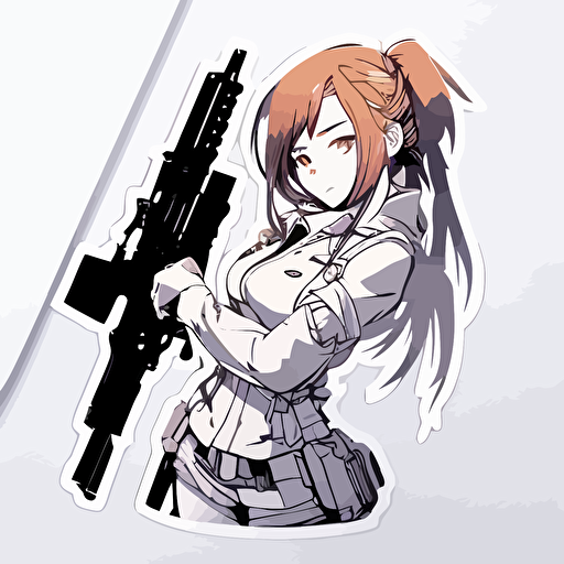 Girl with gun, Sticker, Cool, Anime, Contour, Vector, White background, Detailed