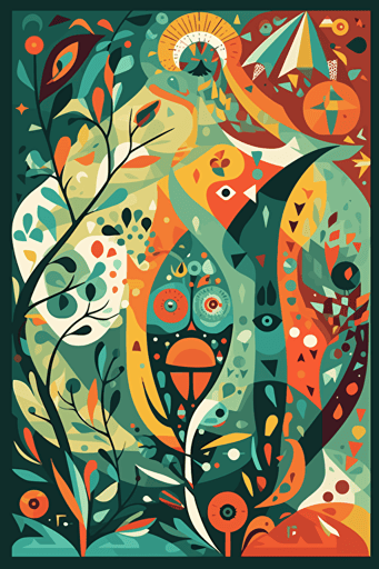surreal shapes, 2d vector art, vibrant illustration, style of charley harper, jim shore and mary blair