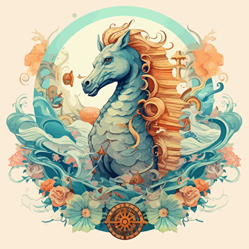 round up design with digital illustration of sea horse, magic world inspired by Studio Ghibli, vector illustration, intricate details, unreal engine, extremely high detailing, sharp, white background