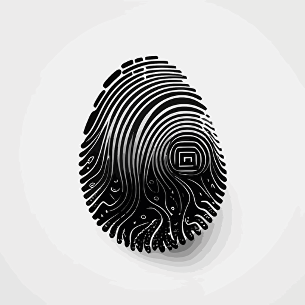 a futuristic gradient iconic logo of a fingerprint with circuitboard pattern, black vector on white background.