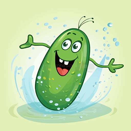 happy cucumber jumping in splashing water, cartoon style, 16:9, vector art