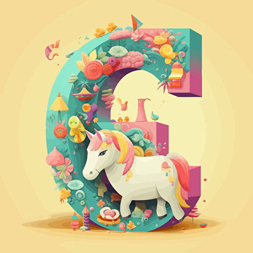 The letter "e" made from cheerful logo, with funny unicorn, vector style, cartoon, isometric,colourful
