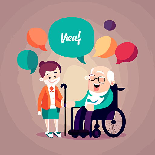 nurse, elderly man, wheelchair, happy, speech bubble, network, vector, communication, interconnectedness, warm, positive