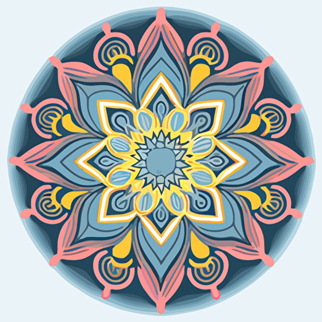 a simple vector logo of a mandala made from yarn, in blue, yellow, pink and gray