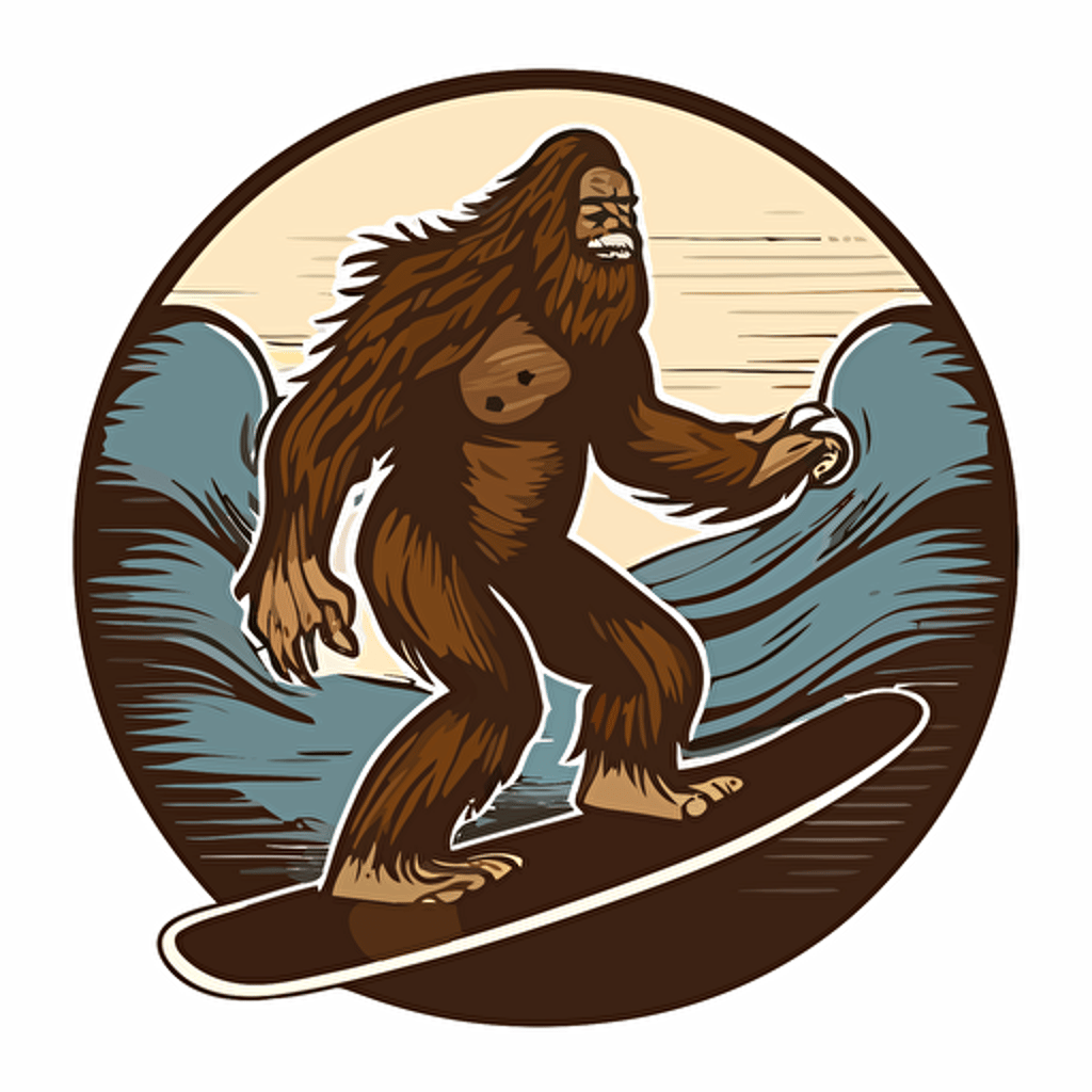 bigfoot surfing, vector logo, vector art, emblem, simple cartoon, 2d, no text, white background