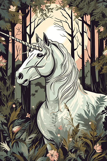 A mystical vector image of a unicorn in a forest clearing, featuring a magical atmosphere and detailed foliage, white background