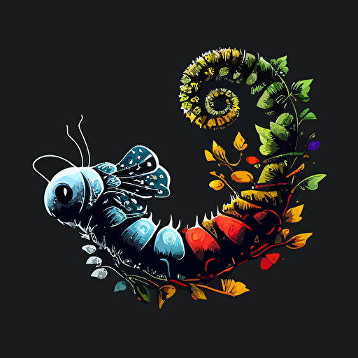 black and white catterpillar transforms to colorful butterfly vector simple drawing