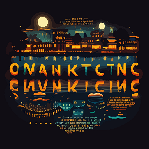 vector image, illustration, nighttime lake in Oakland California , in the style of text and emoji installations, the san francisco renaissance., stockphoto, iconic civil rights imagery, spot metering, glowing lights, vancouver school