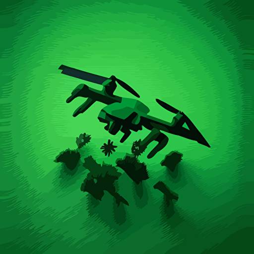 Simplistic 2d illustration drone flying, green backdrop, svg. Simple, made from vector shapes. real textures, highly detailed